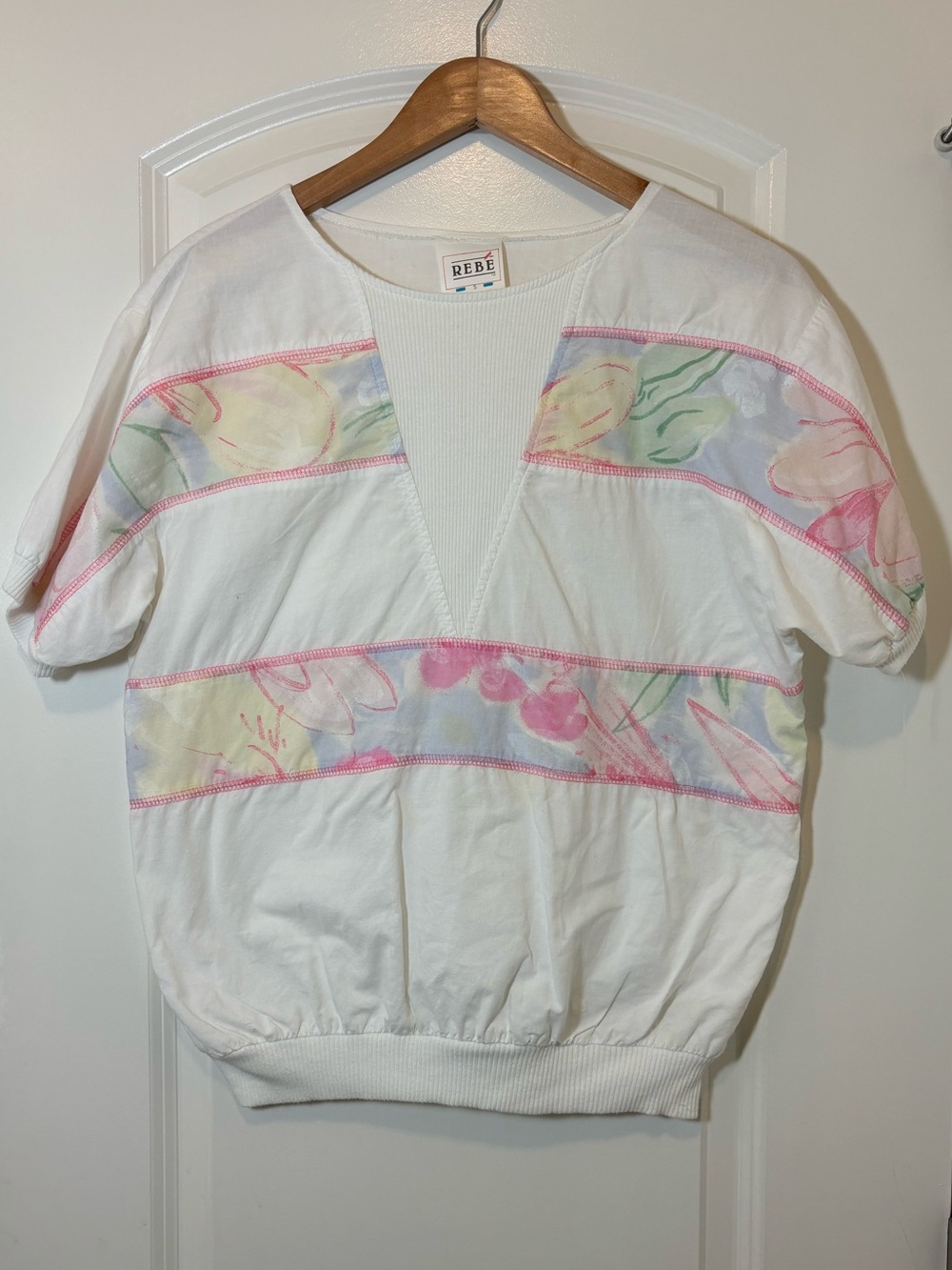 REBE White Short Sleeve Pullover with Pastel Floral Panels Made in USA